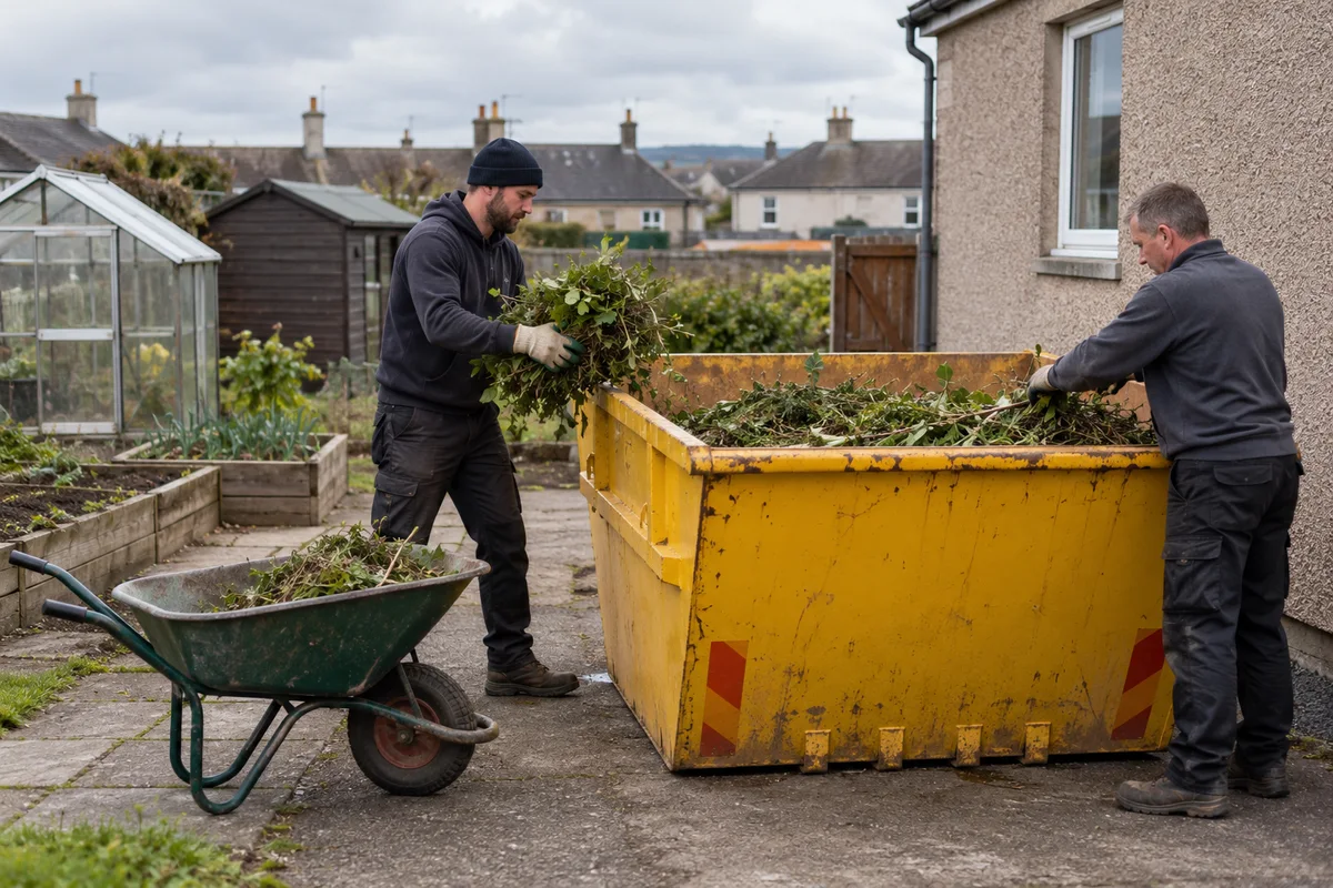 Garden cuttings placed below the rim of a small skip