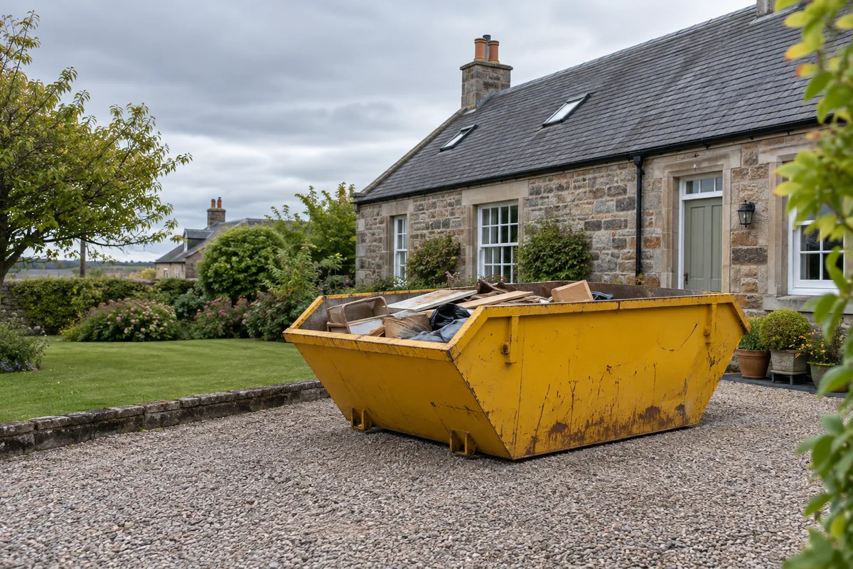 Yellow skip outside a modest stone home
