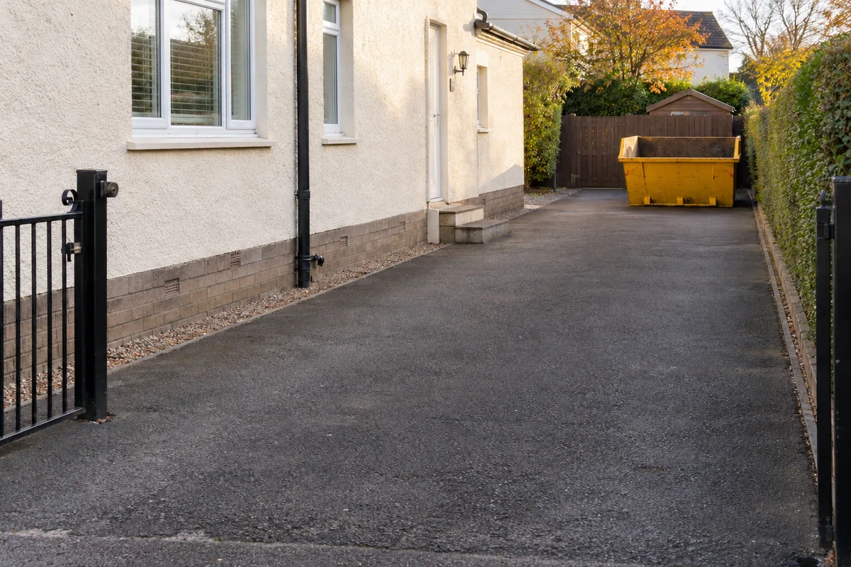 Empty yellow skip beside a house with a clear driveway for collection