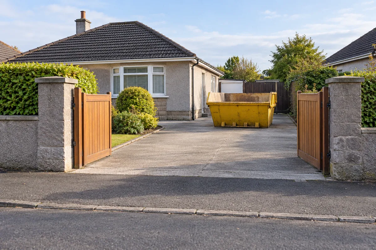 Yellow skip on a private driveway with both entrance gates open