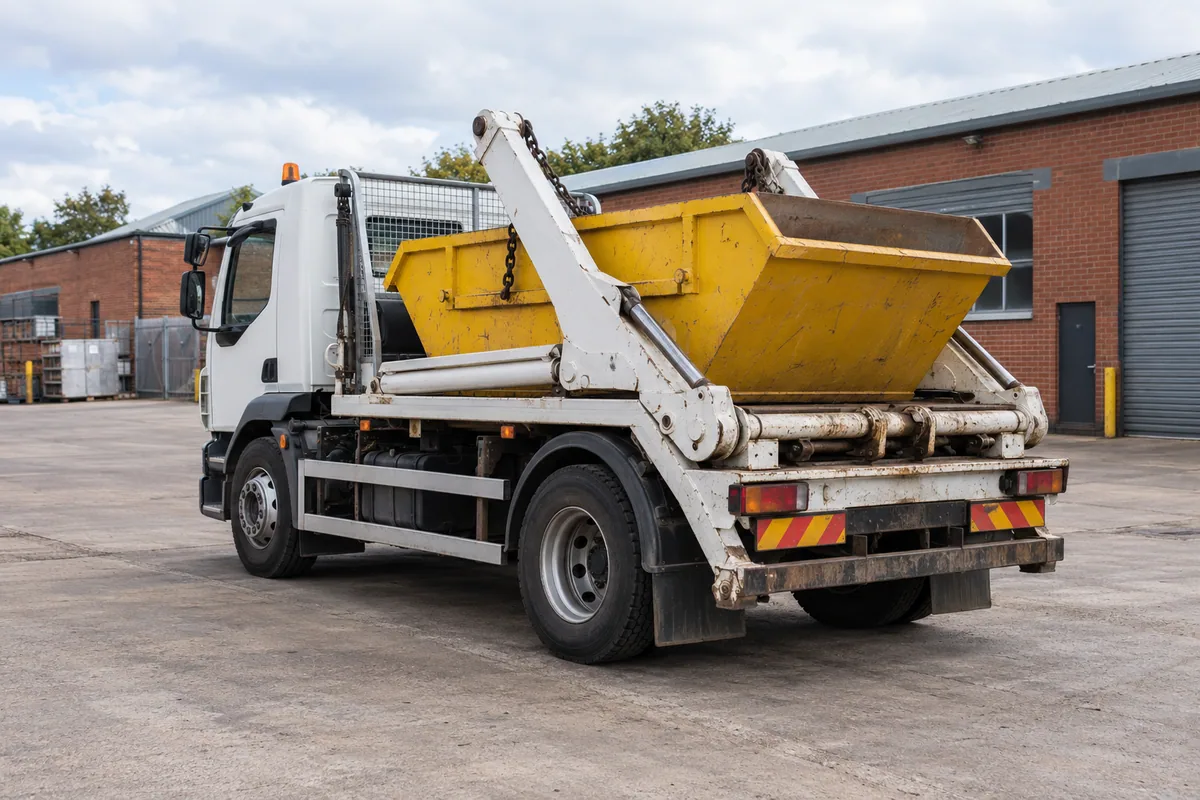 Empty yellow skip secured on a delivery lorry in a spacious paved yard