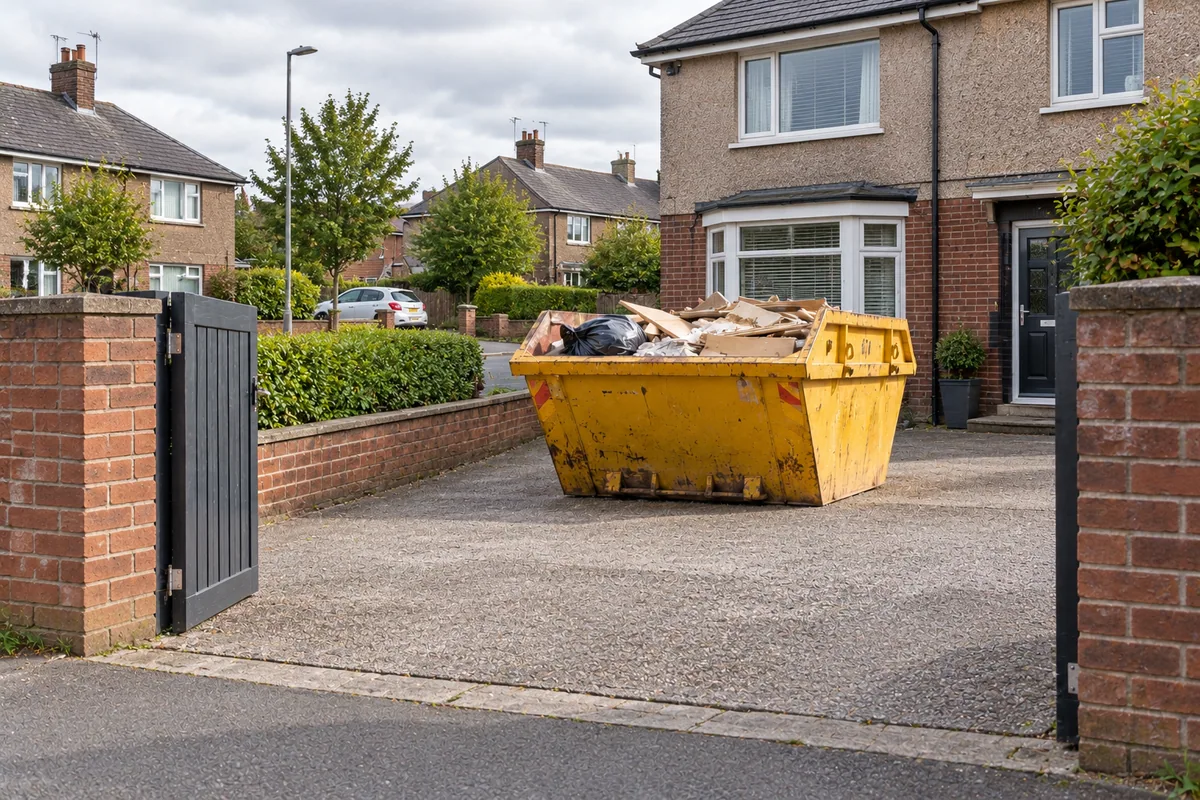 Clear access leading to a skip on a private driveway