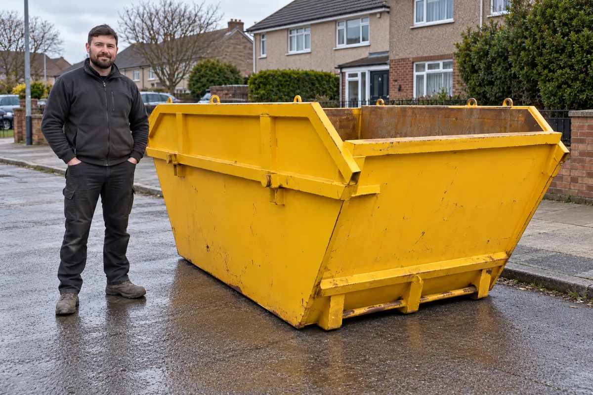 Man standing beside a 8 yard skip for scale