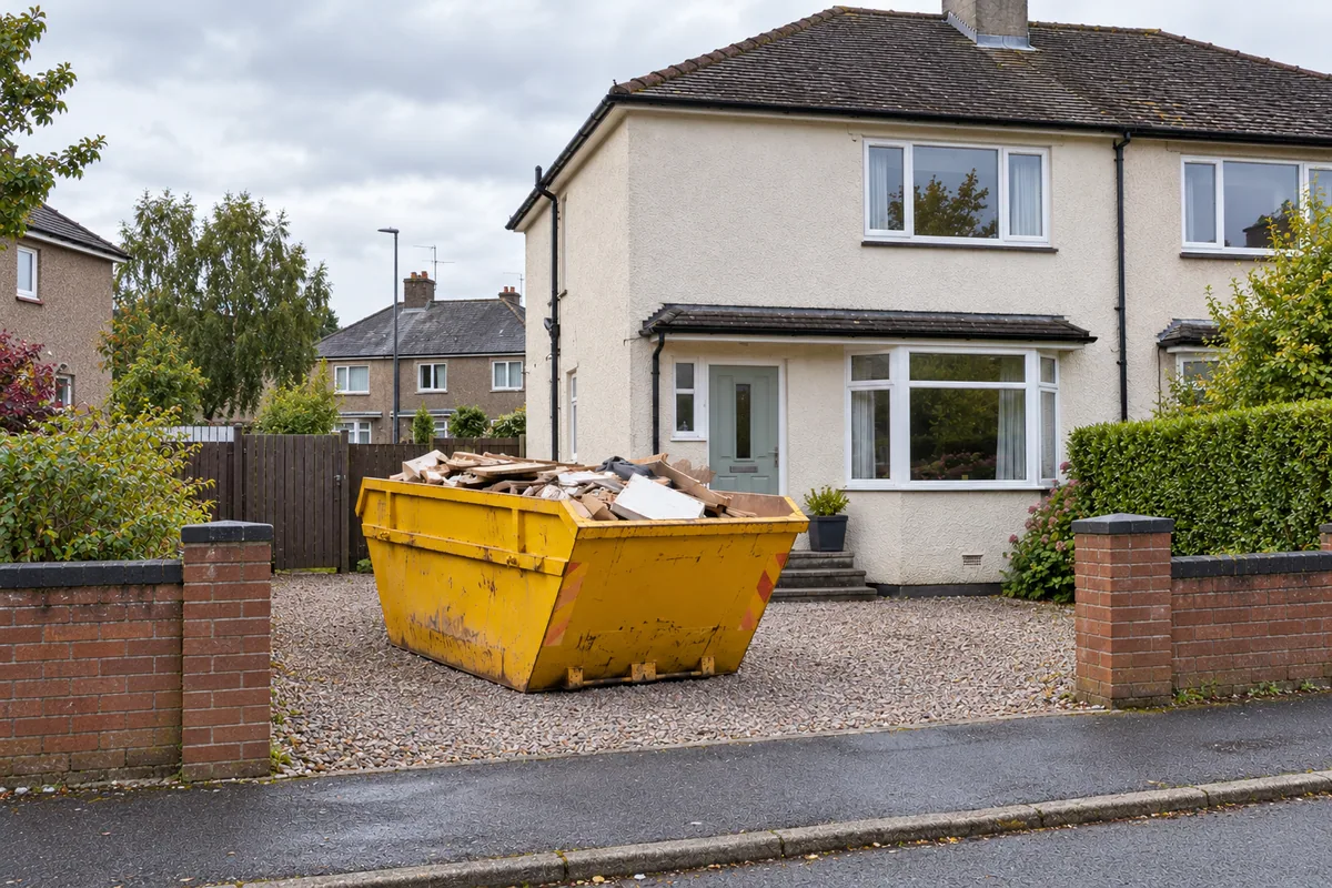 Yellow skip on a private driveway beside a Scottish house
