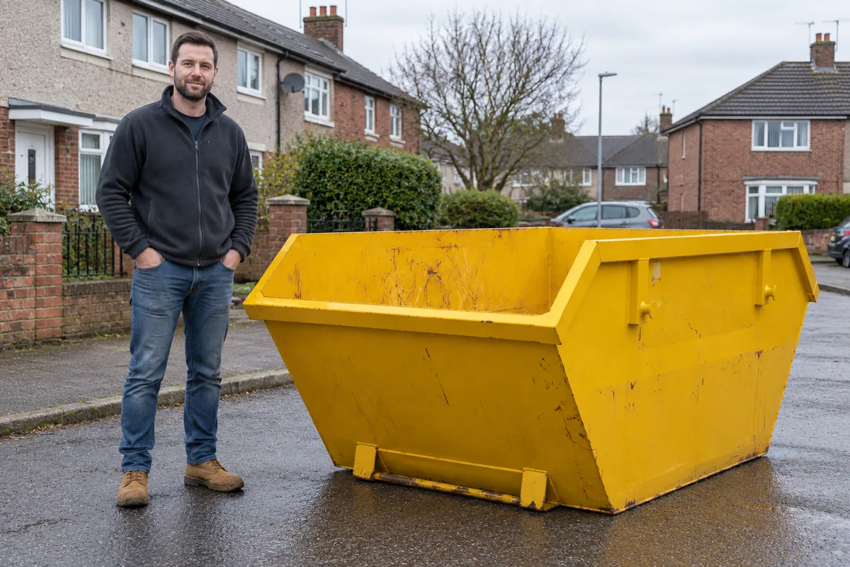 Man standing beside a 4 yard skip for scale
