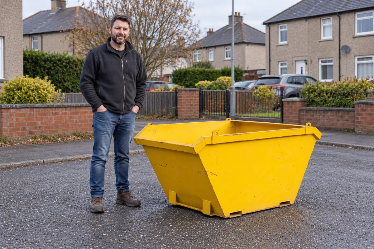 Man standing beside a 2 yard skip for scale