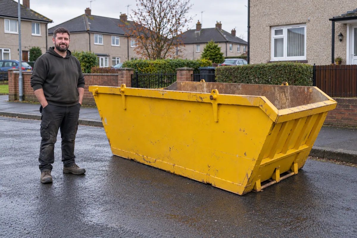 Man standing beside a 6 yard skip for scale