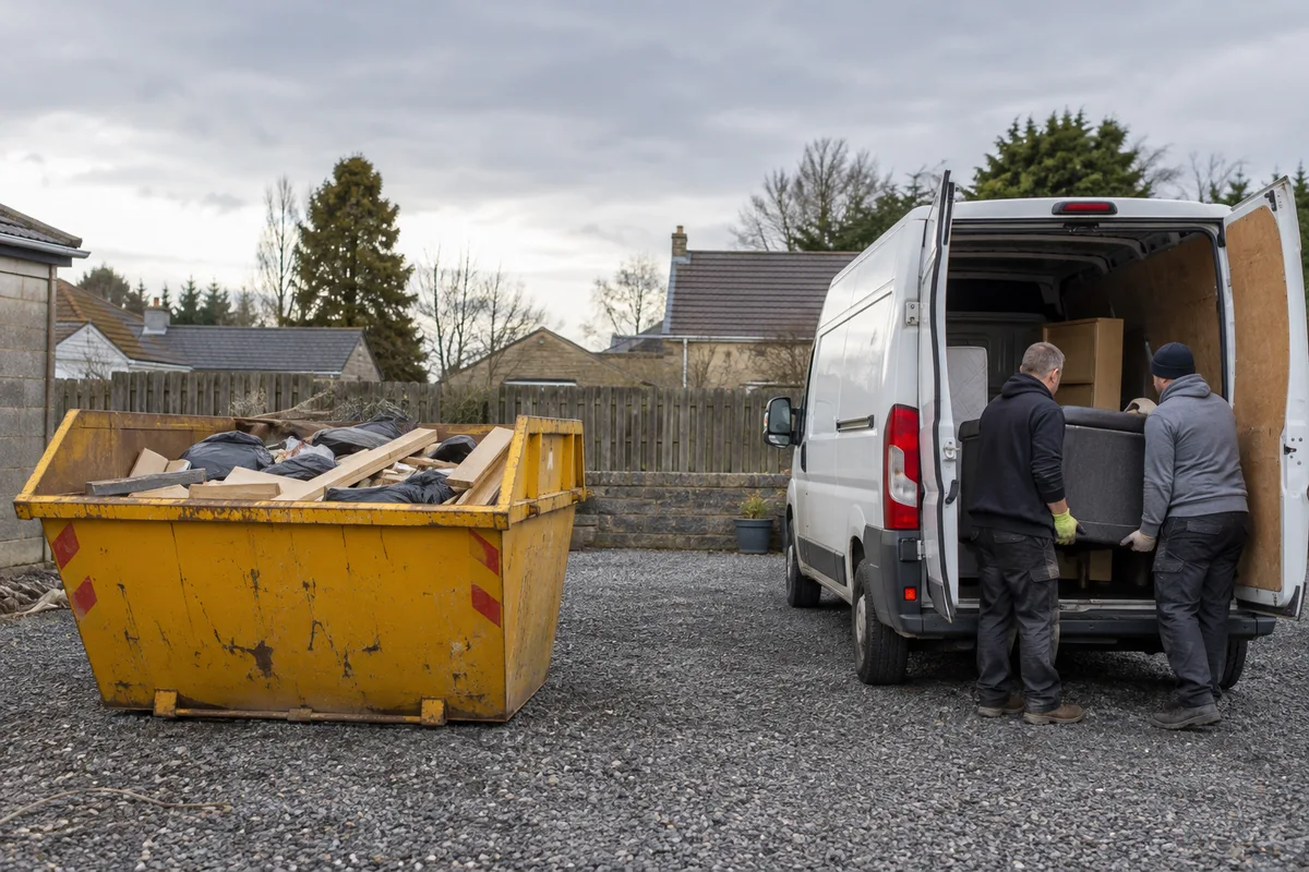 A skip and a waste collection van showing two removal options