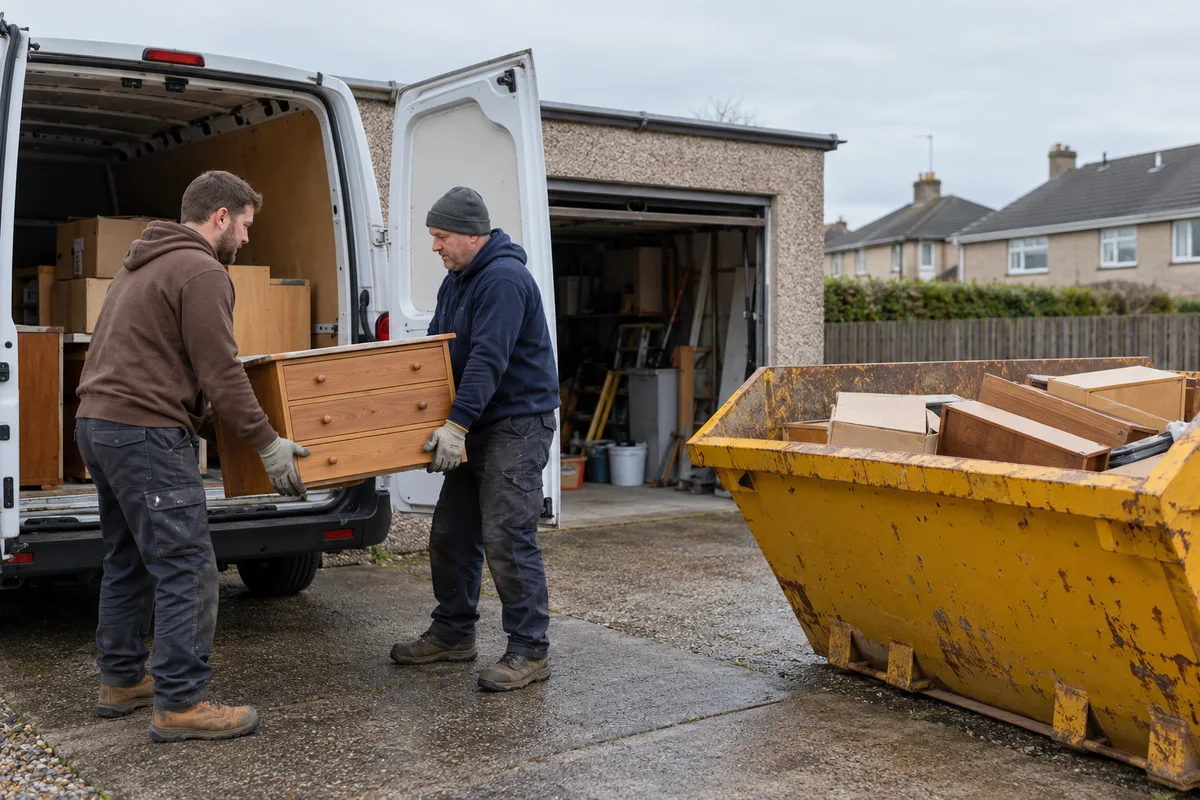 Two workers collecting a ready load of household rubbish