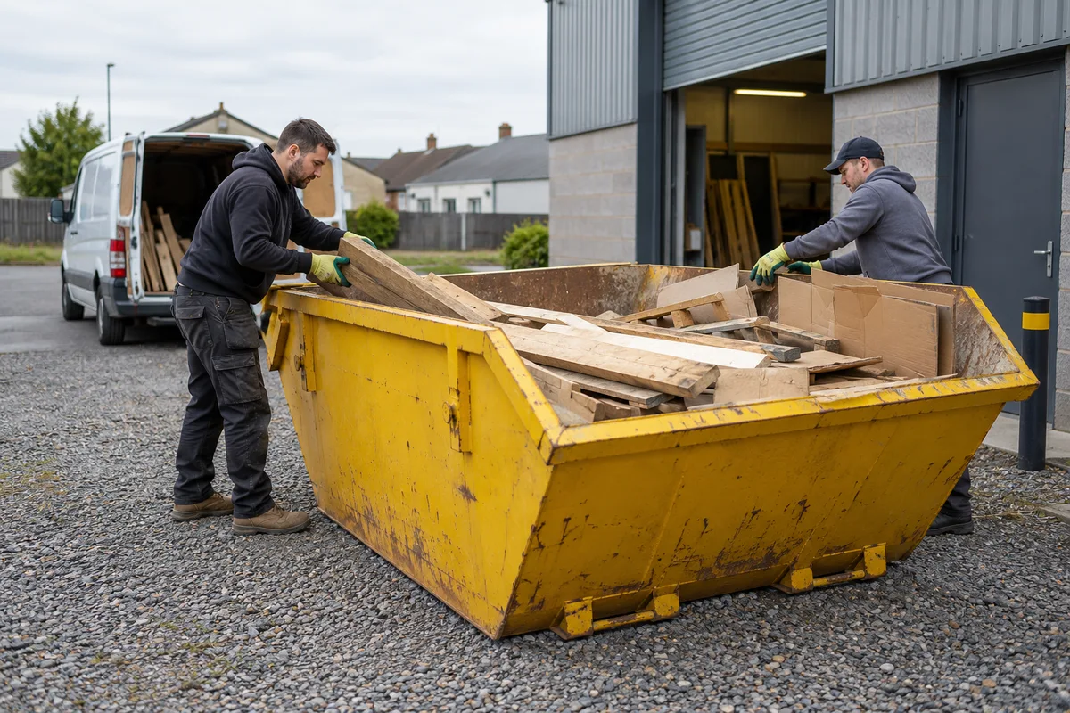 Large skip containing bulky timber and cardboard