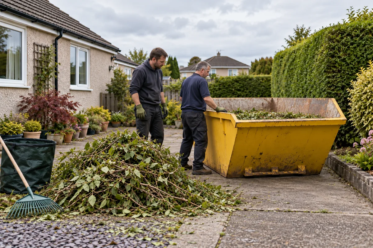 Hedge cuttings beside a skip during a garden tidy-up