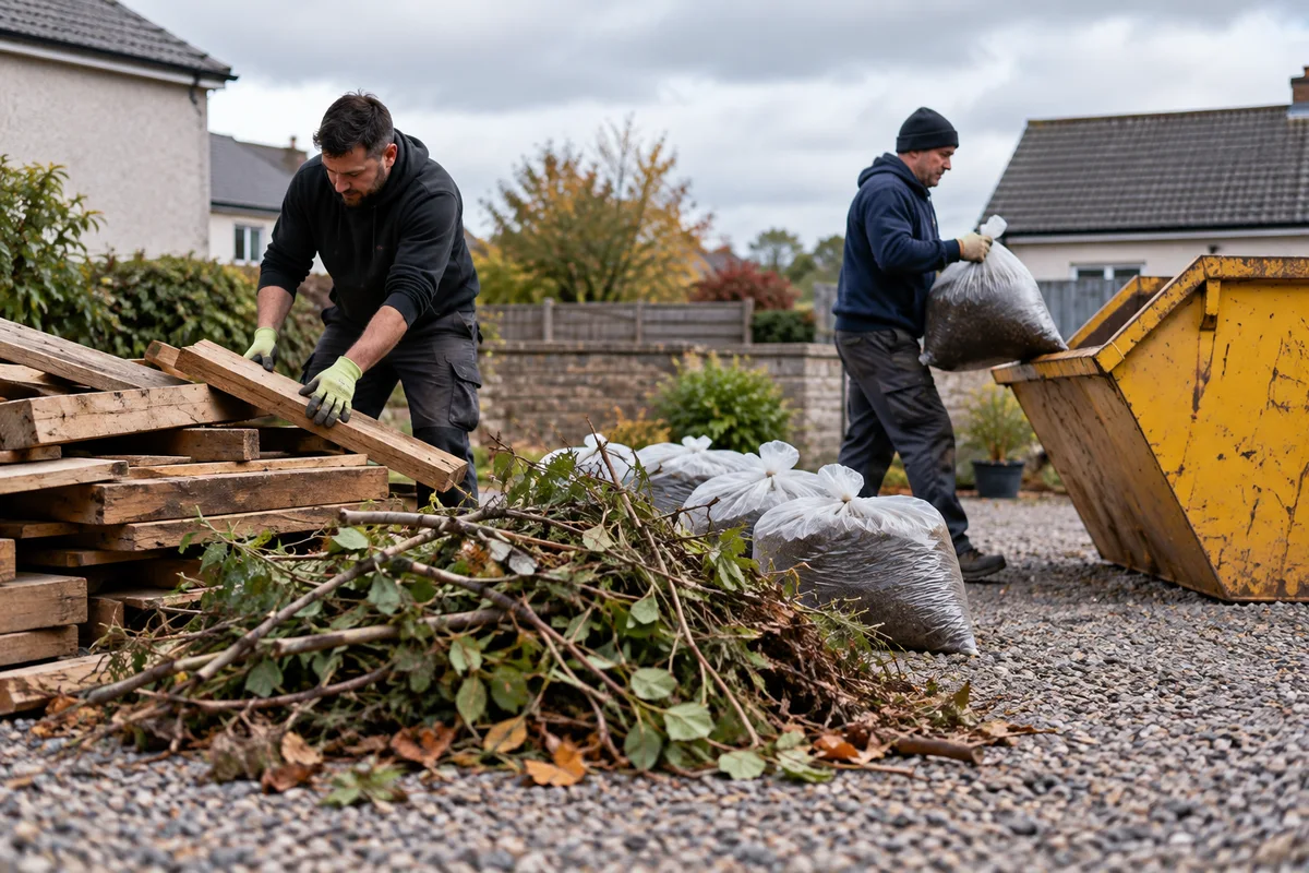 Wood, garden cuttings and soil kept in separate groups