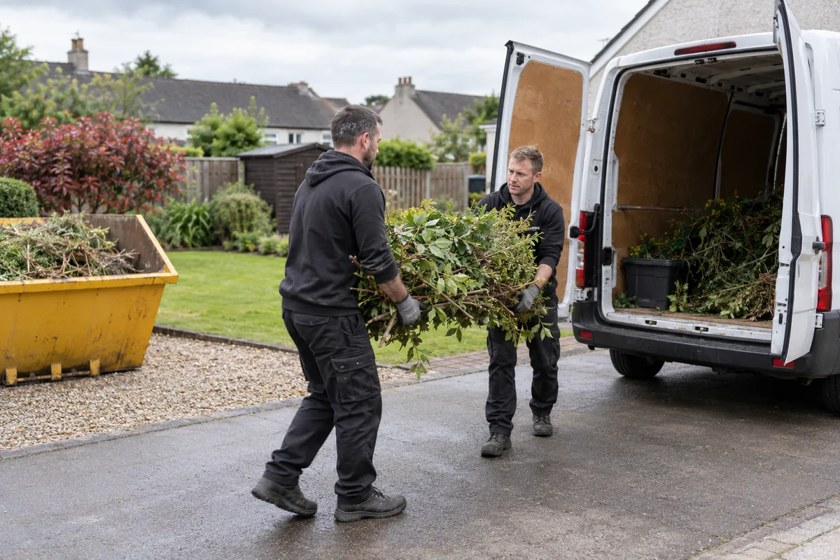 Two workers taking garden branches to a collection van