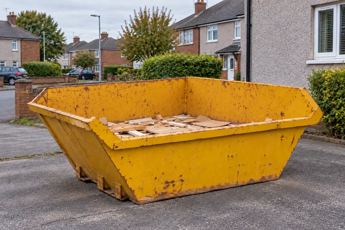 Timber and cardboard loaded below the rim of a skip