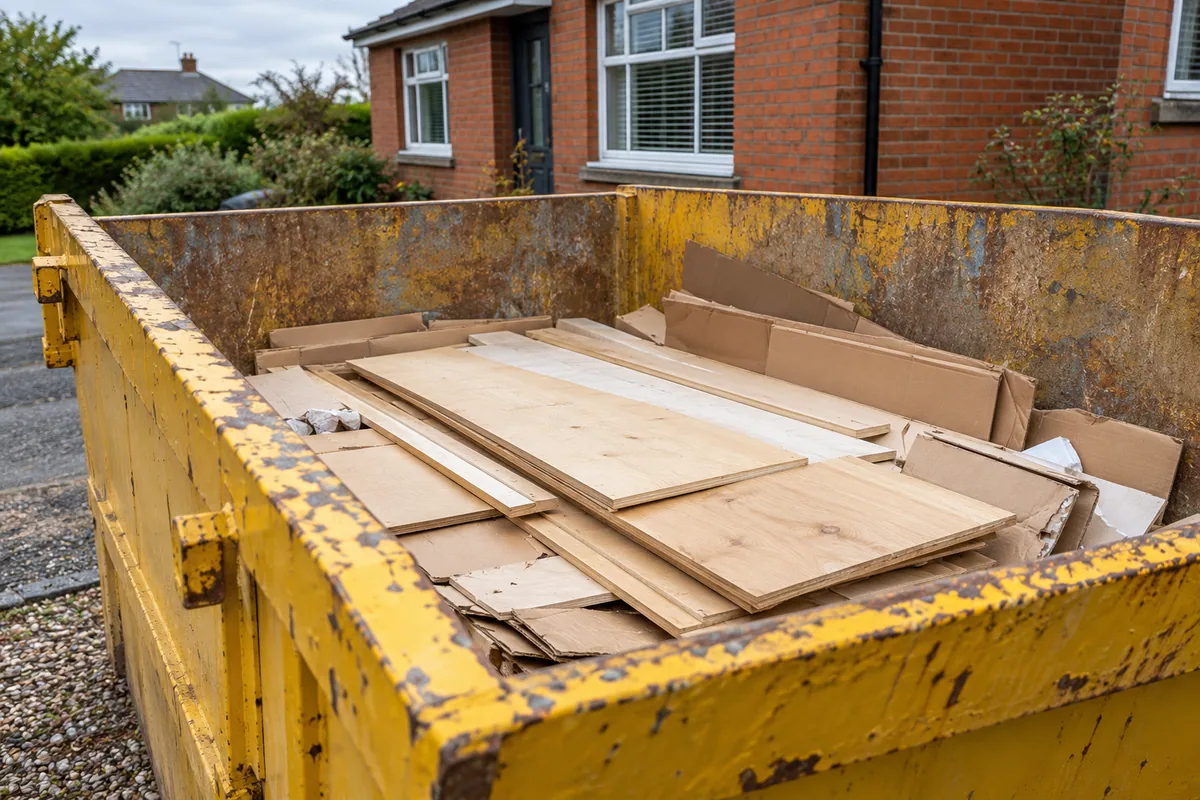 Flat timber panels placed low inside a skip