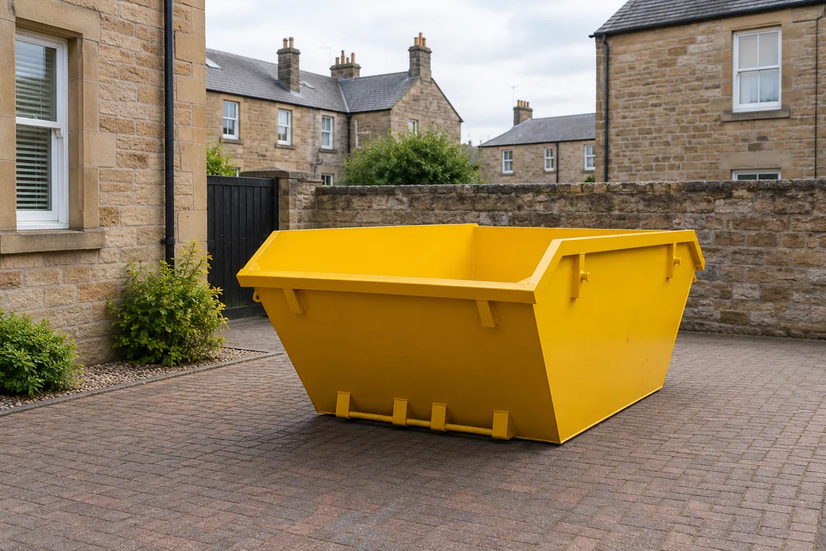 Yellow skip in a clear private position beside a Scottish home
