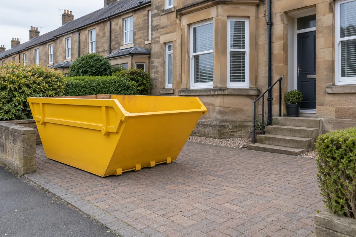 Skip on a forecourt with a clear path to the house steps