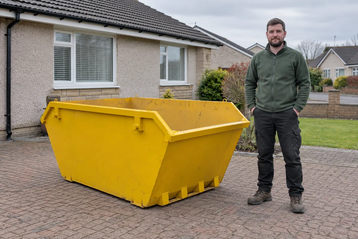 Man standing fully visible beside a 2 yard skip for scale