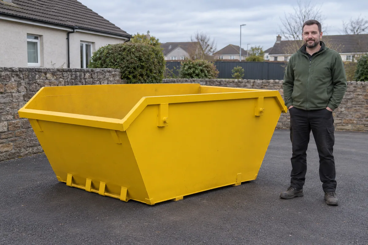 Man standing fully visible beside a 4 yard skip for scale
