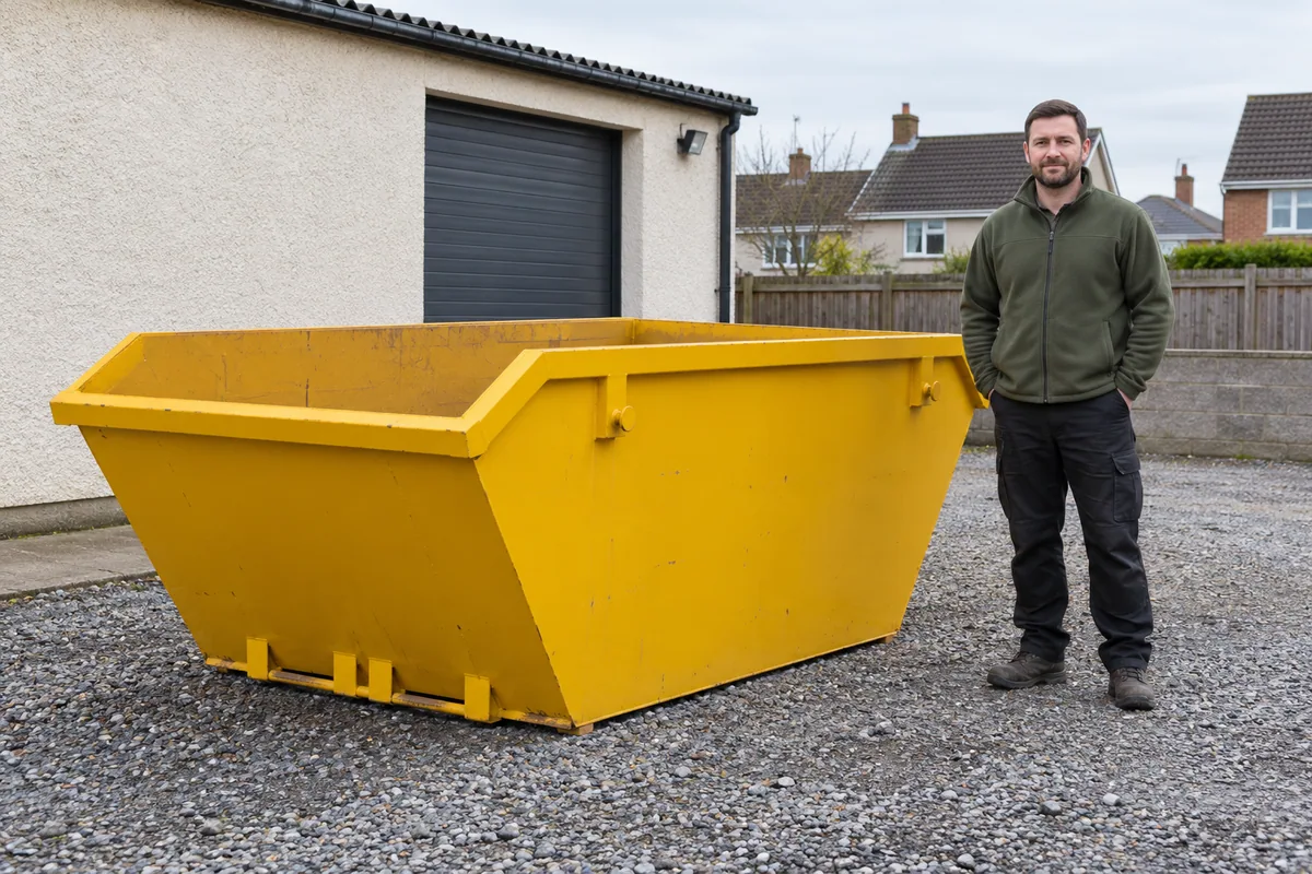 Man standing fully visible beside a 6 yard skip for scale