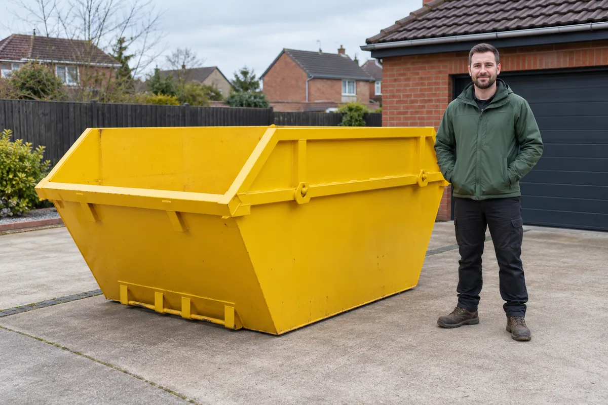 Man standing fully visible beside a 8 yard skip for scale