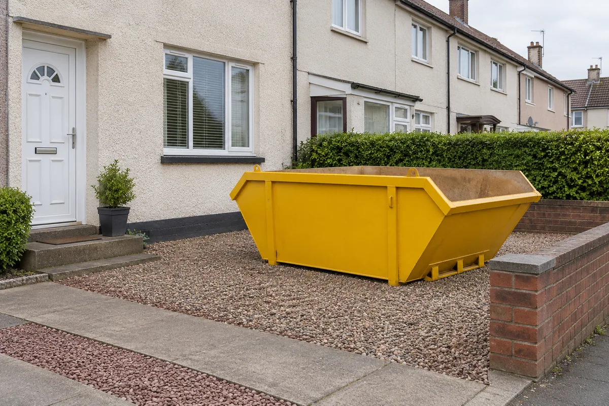 Yellow skip in a clear private position beside a Scottish home