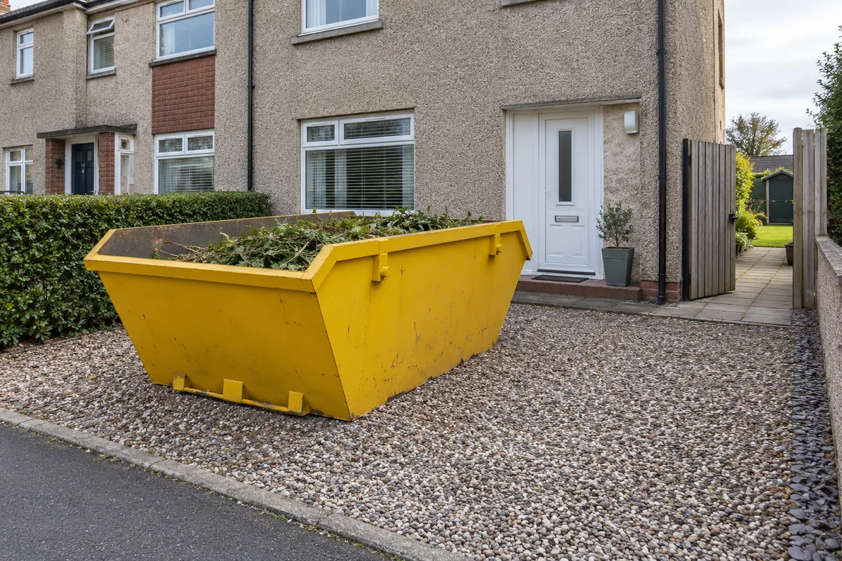 Skip at the front of a house with clear access from the garden