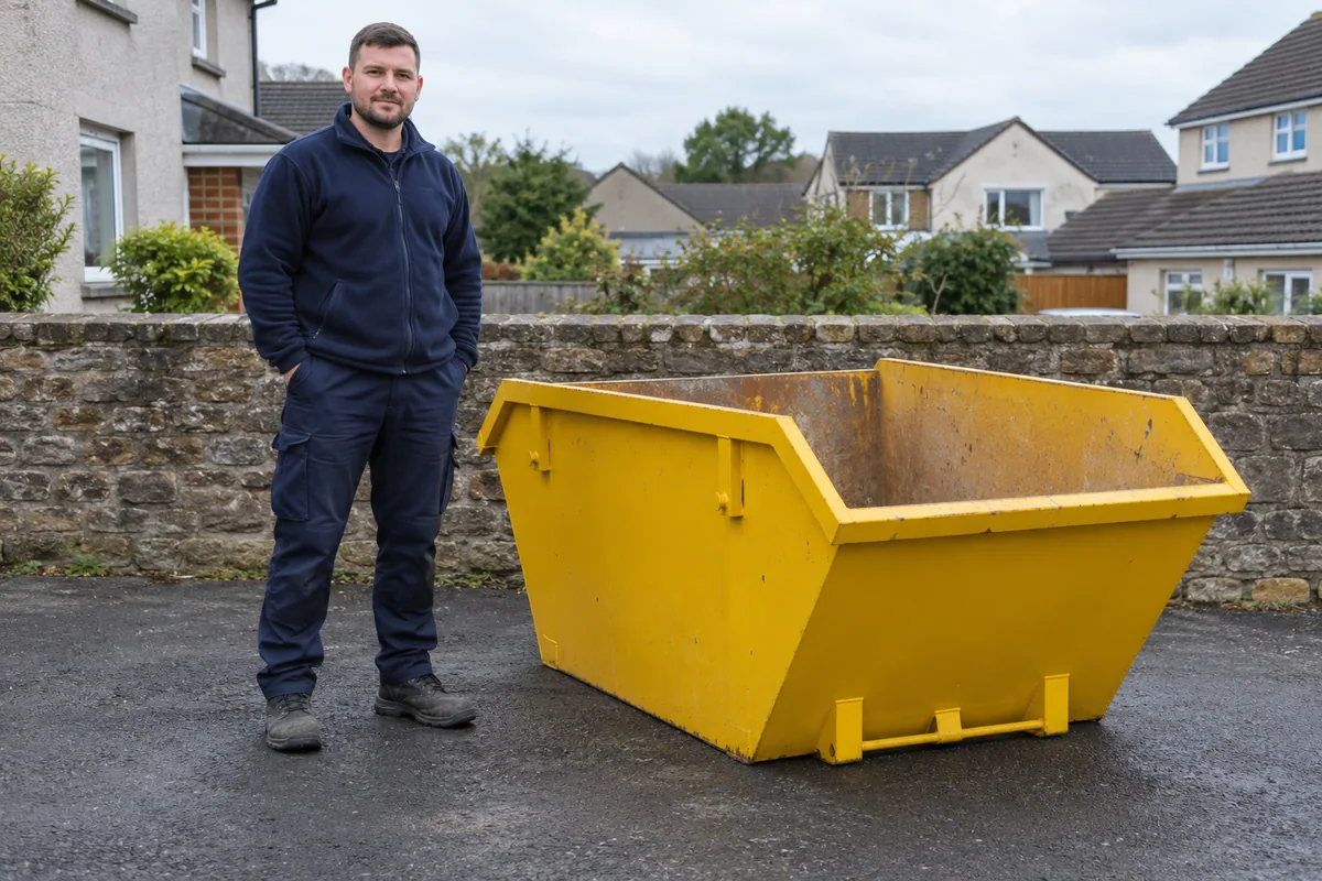 Man standing fully visible beside a 2 yard skip for scale