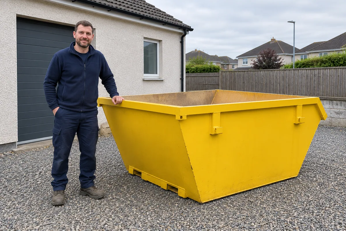 Man standing fully visible beside a 4 yard skip for scale