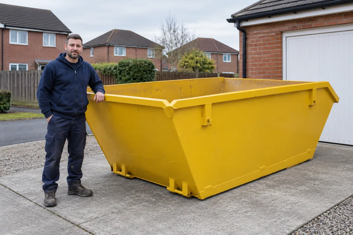 Man standing fully visible beside a 6 yard skip for scale