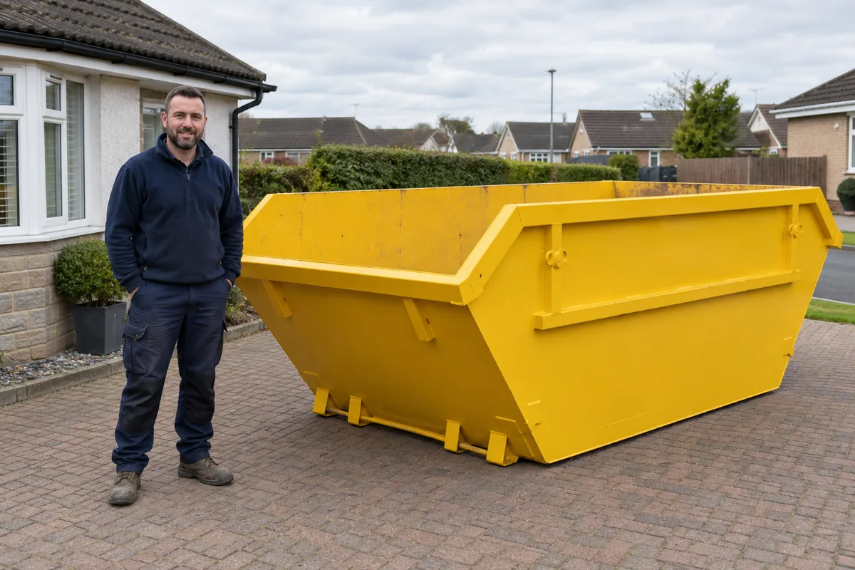 Man standing fully visible beside a 8 yard skip for scale
