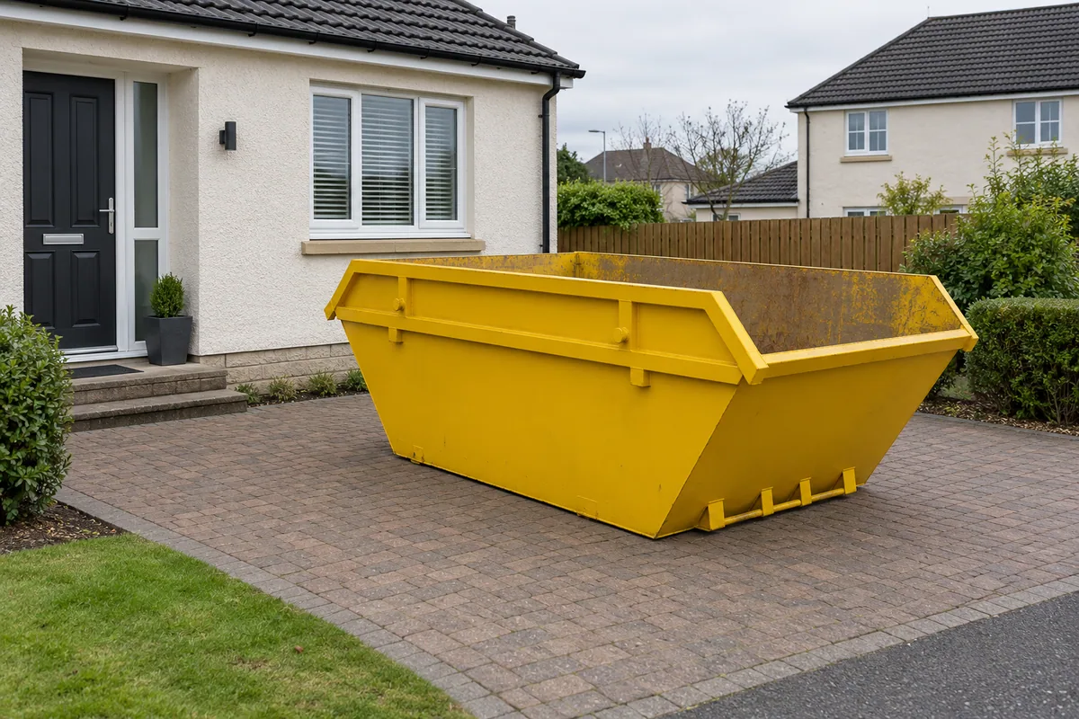 Yellow skip in a clear private position beside a Scottish home