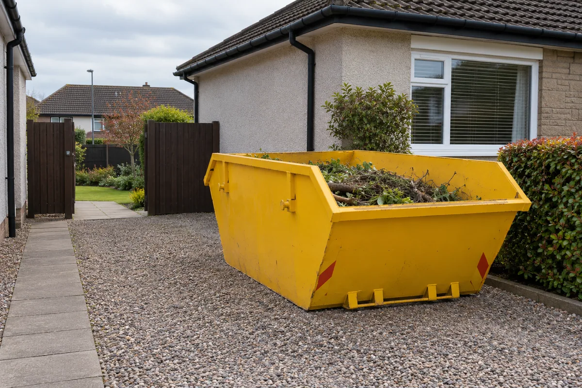 Skip on a driveway beside an open gate to the back garden