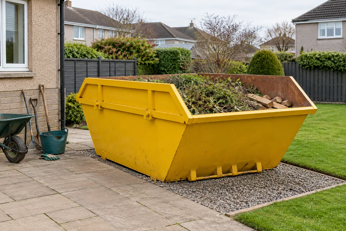 Skip containing a low load of cuttings and short timber