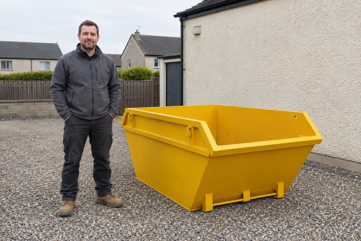 Man standing fully visible beside a 2 yard skip for scale