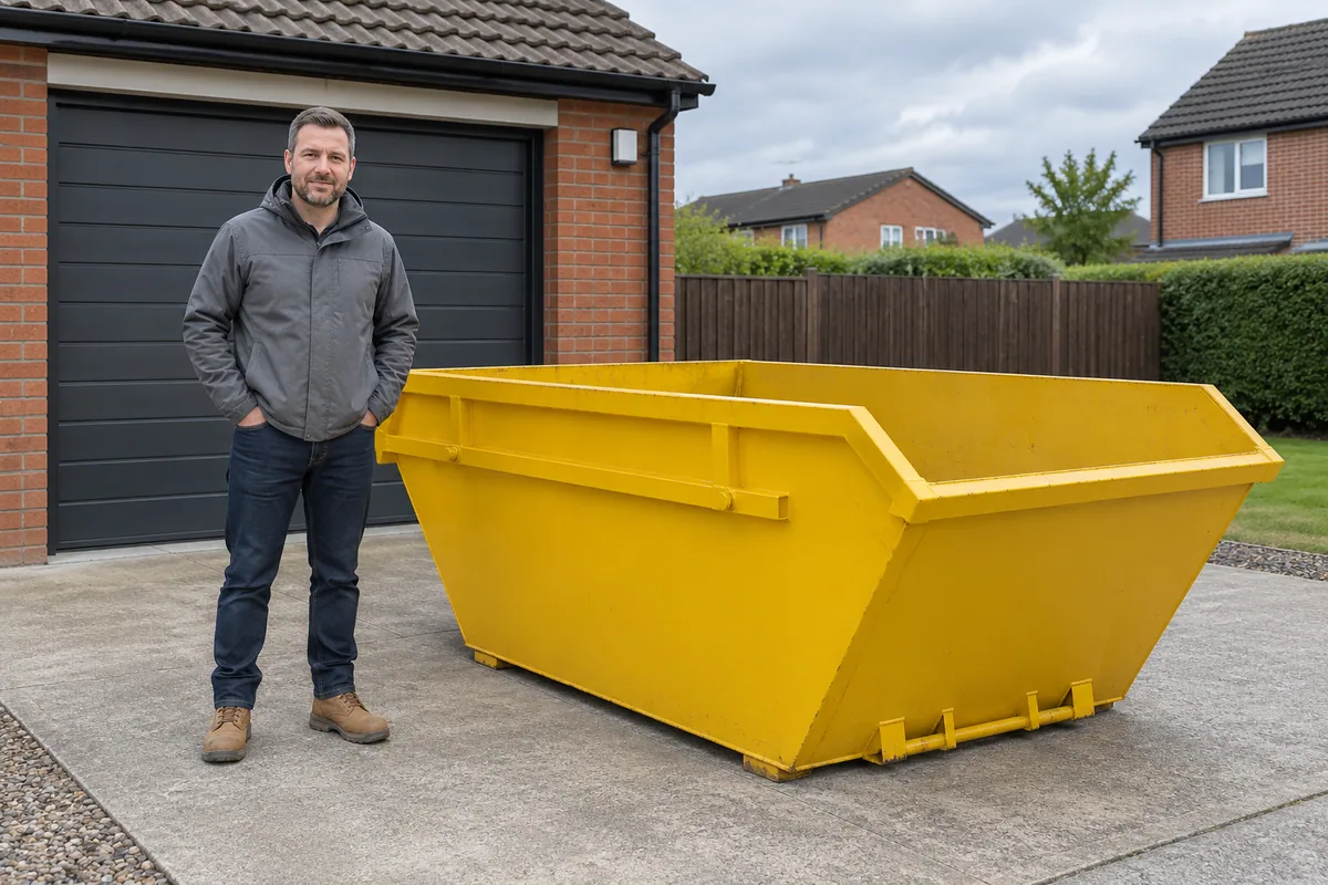 Man standing fully visible beside a 4 yard skip for scale