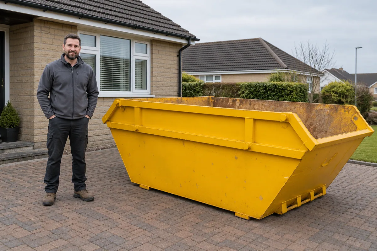 Man standing fully visible beside a 6 yard skip for scale
