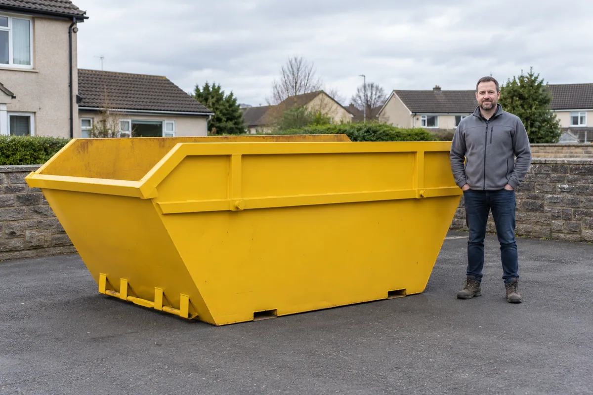 Man standing fully visible beside a 8 yard skip for scale