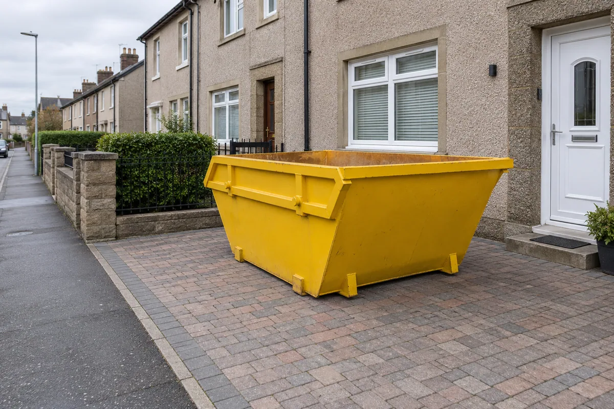 Yellow skip in a clear private position beside a Scottish home