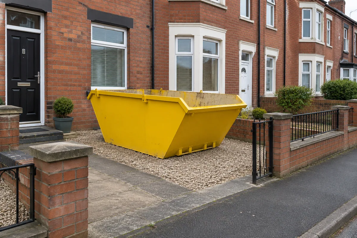 Skip on a small private forecourt with neighbouring entrances clear