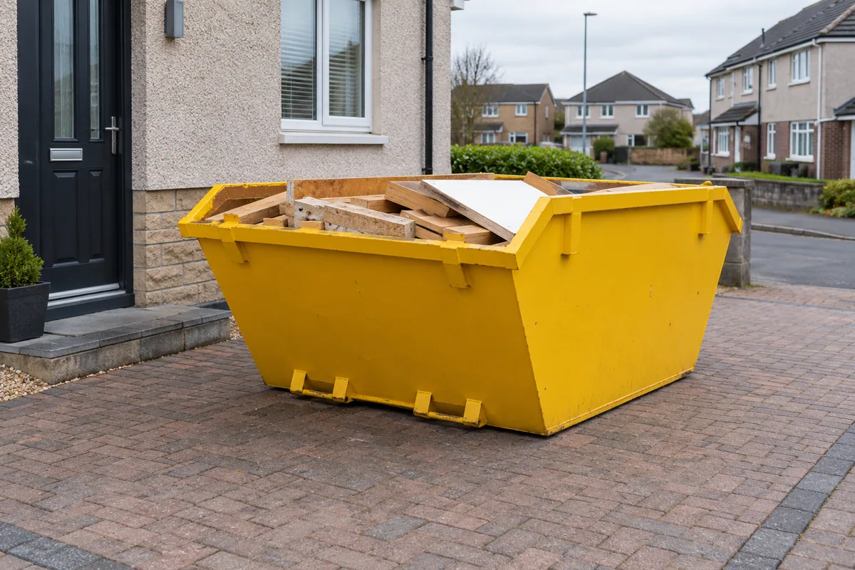 Low load of dismantled furniture boards inside a skip