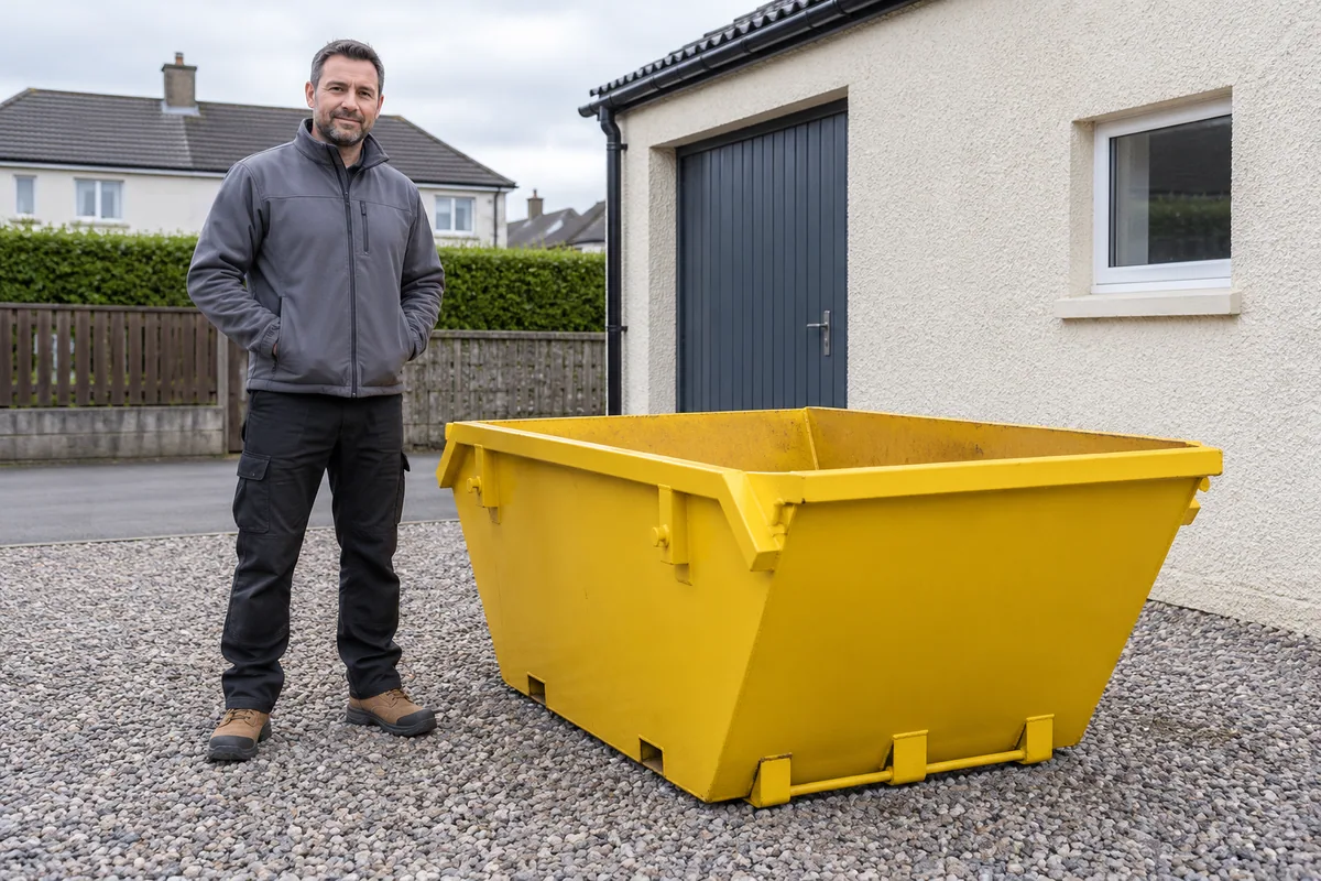 Man standing fully visible beside a 2 yard skip for scale