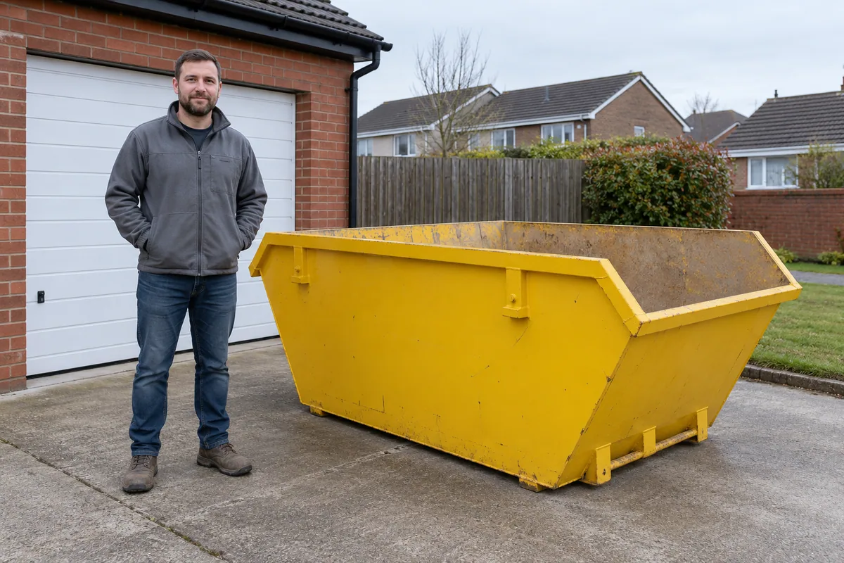 Man standing fully visible beside a 4 yard skip for scale
