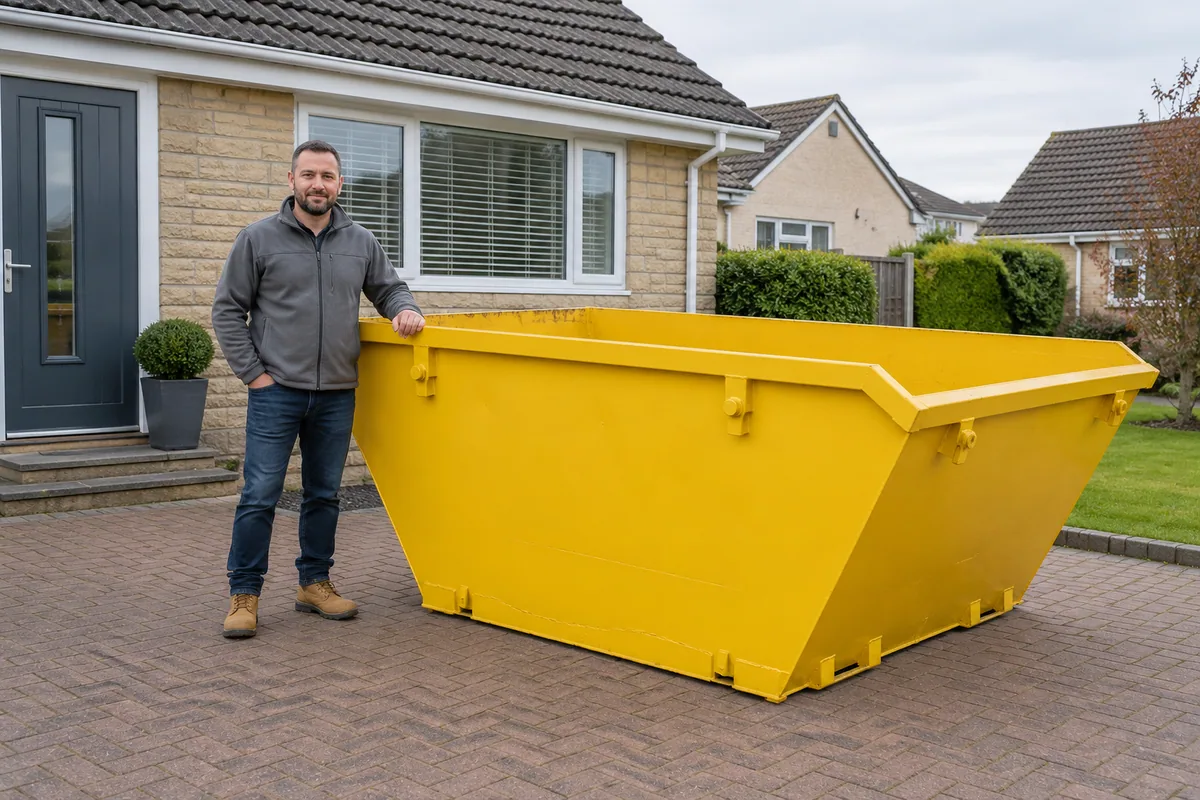 Man standing fully visible beside a 6 yard skip for scale