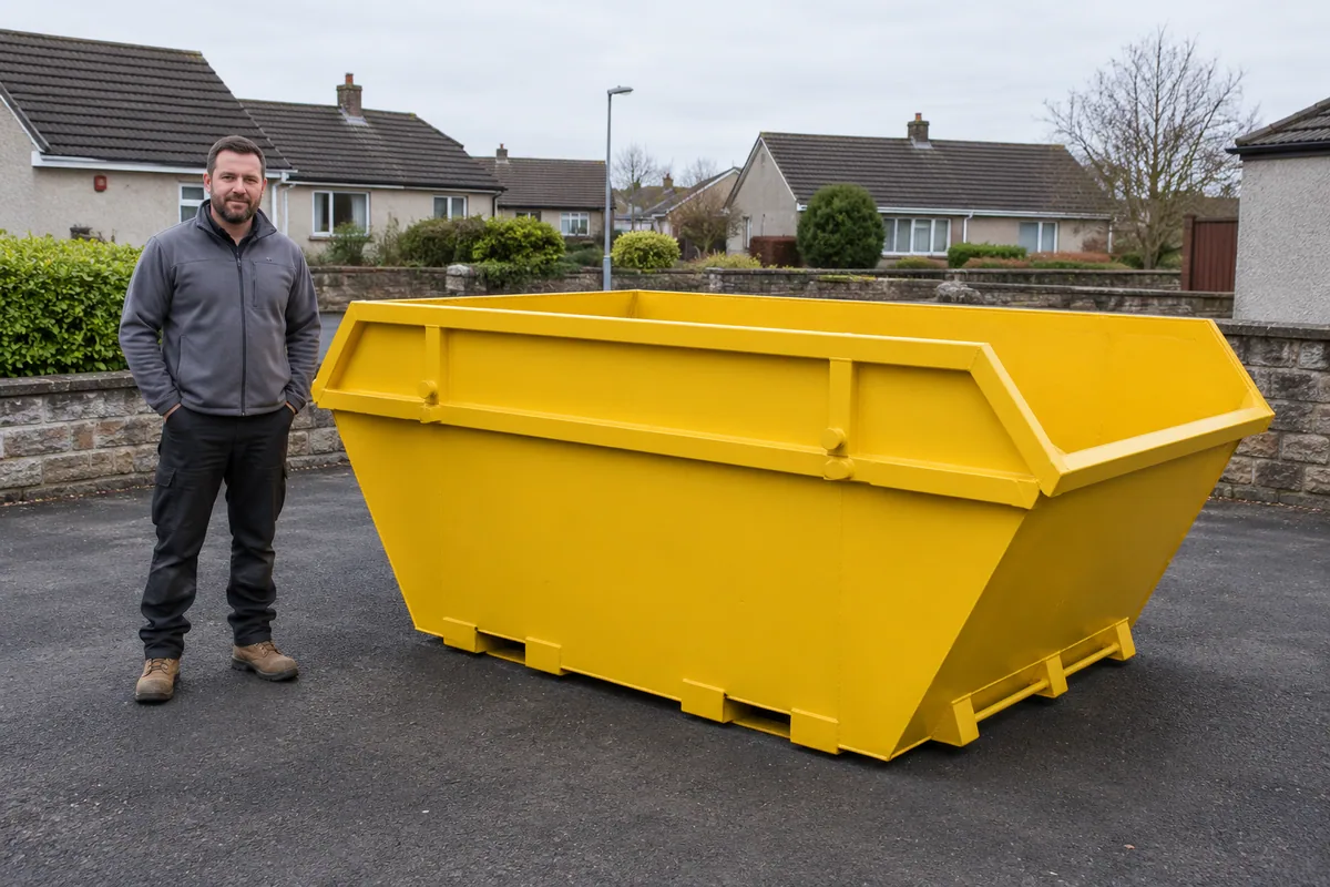 Man standing fully visible beside a 8 yard skip for scale