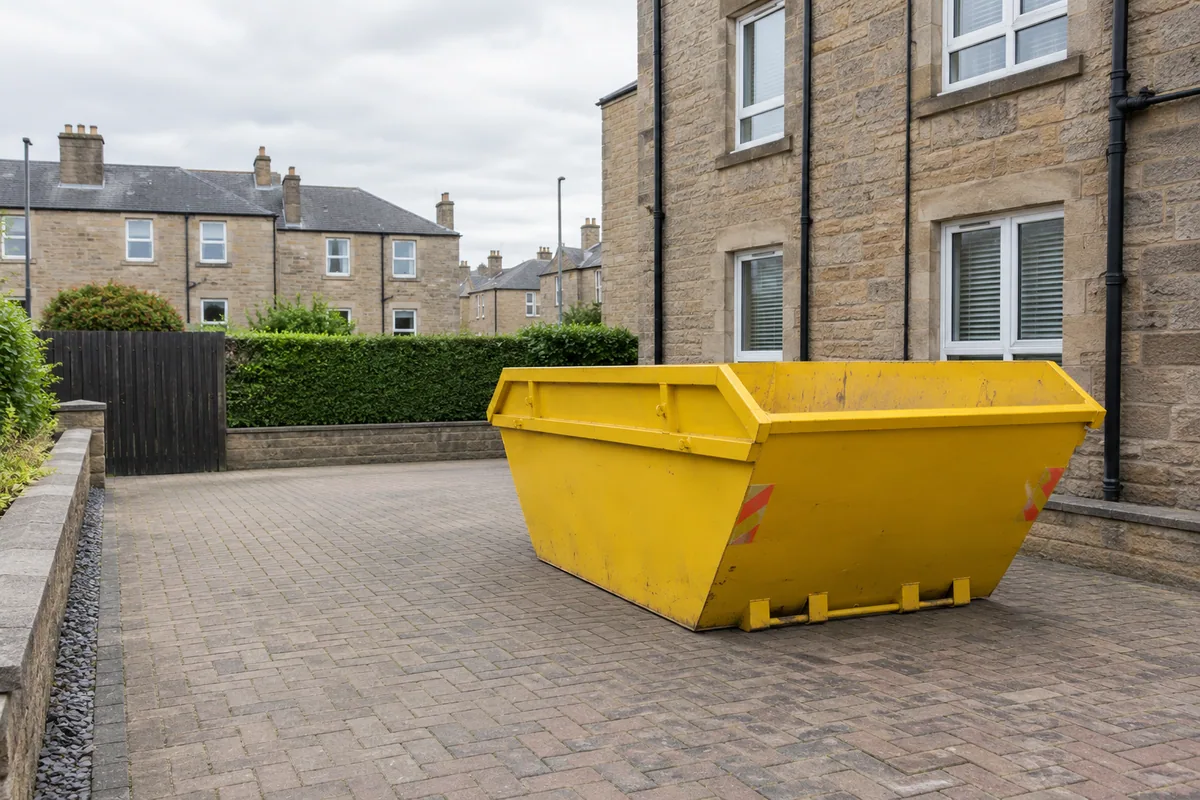 Yellow skip in a clear private position beside a Scottish home