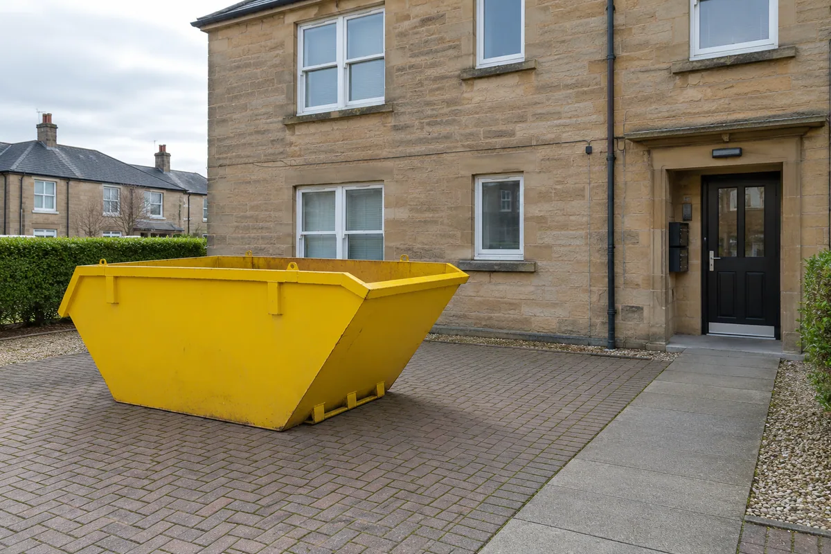 Skip on a private paved forecourt beside flats with a clear shared entrance