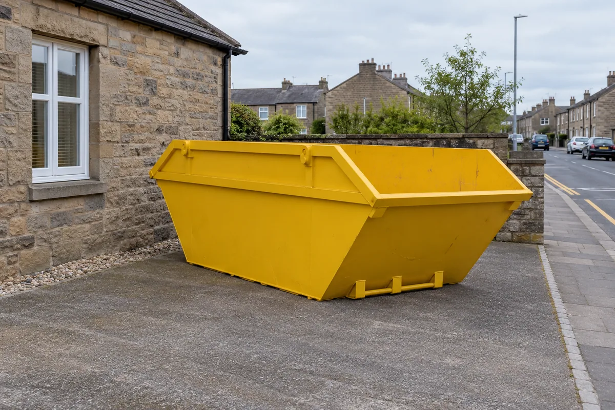 Empty skip on private ground beside a street with parking bays