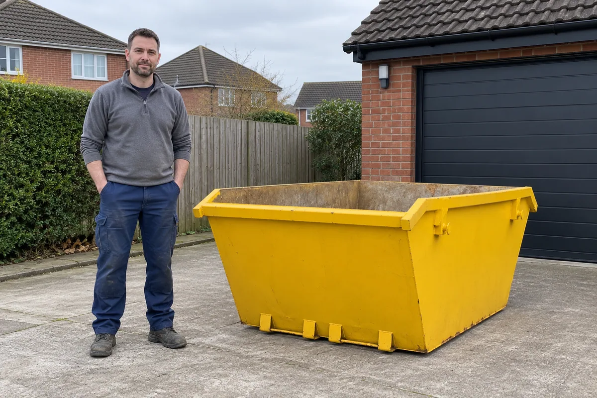 Man standing fully visible beside a 2 yard skip for scale