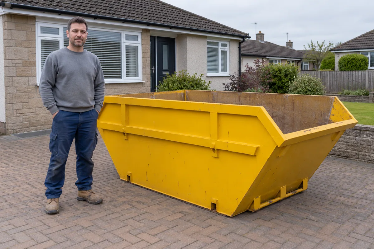 Man standing fully visible beside a 4 yard skip for scale